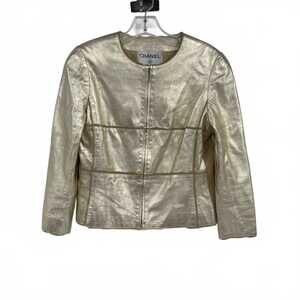 CHANEL Leather 2000’s Zip Up Jacket | Gold, Size S, Made in France